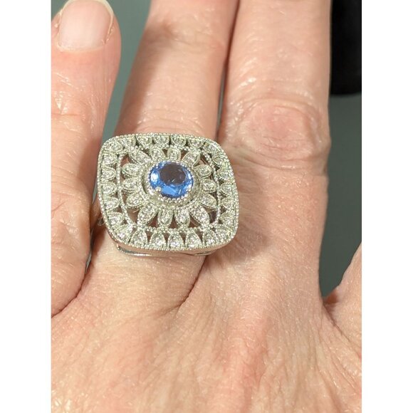 Edwardian Style Blue Rhinestone Square Pave Cocktail Ring Size 9 Statement Silve - Picture 8 of 10